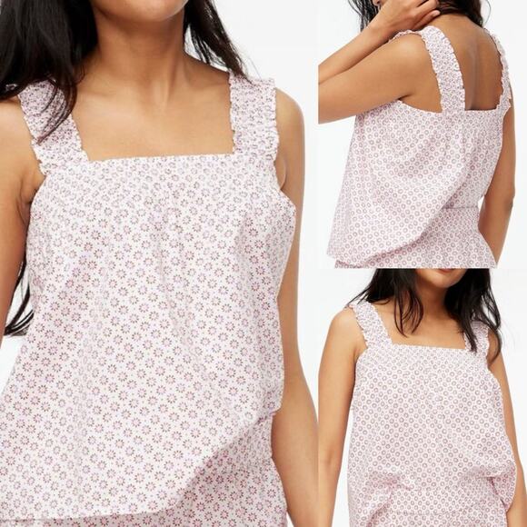 J Crew Smocked Tank Top Daisy White Fuchsia Pink - Picture 1 of 10